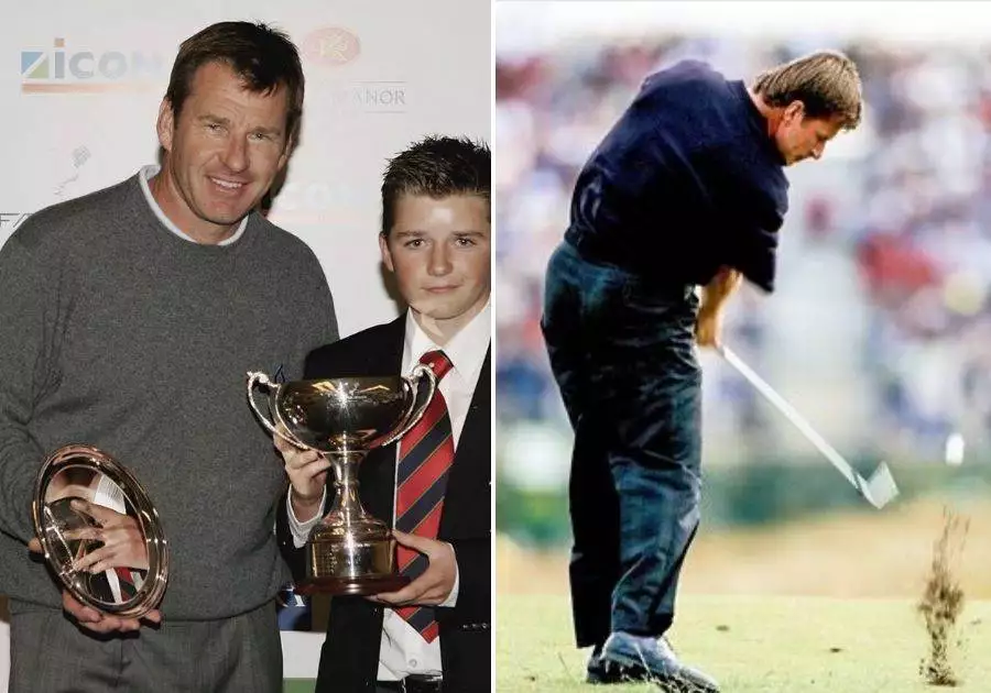 Nick Faldo Hitting the Shot and Holding Trophy